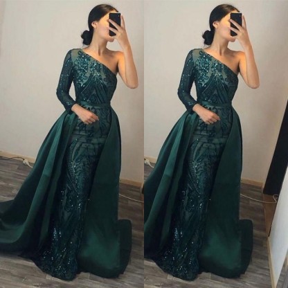 Dark Green Overskirt One Shoulder Long Sleeve Mermaid Prom Dress With Sequins