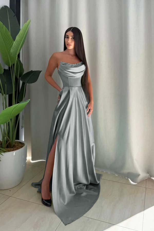 Strapless Sleeveless Long Split Prom Dress With Pleated Sequin