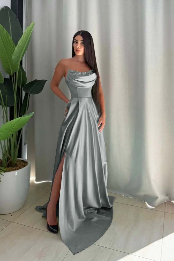 Strapless Sleeveless Long Split Prom Dress With Pleated Sequin