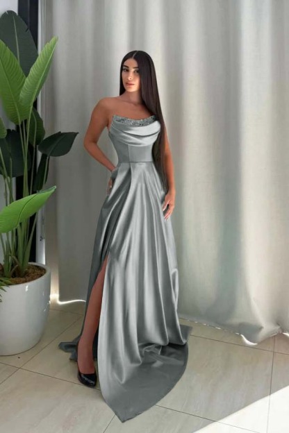Strapless Sleeveless Long Split Prom Dress With Pleated Sequin