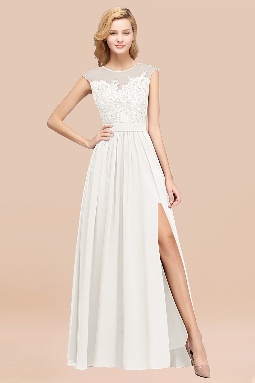 BMbridal Affordable Scoop Lace Appliques Yellow Bridesmaid Dresses with Slit-BMbridal