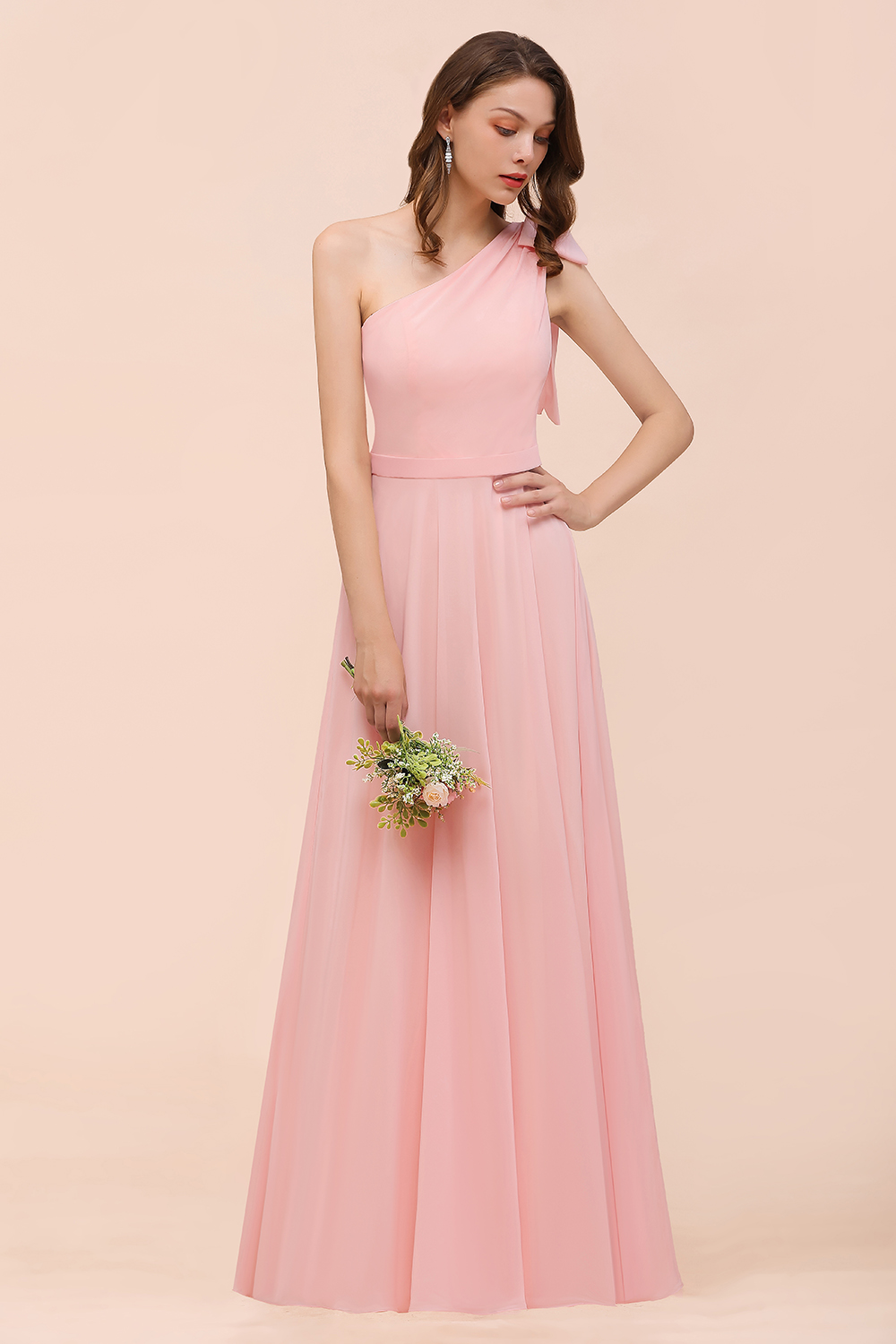 BMbridal Chic One Shoulder Sleeveless Pink Chiffon Bridesmaid Dress with Bow-BMbridal