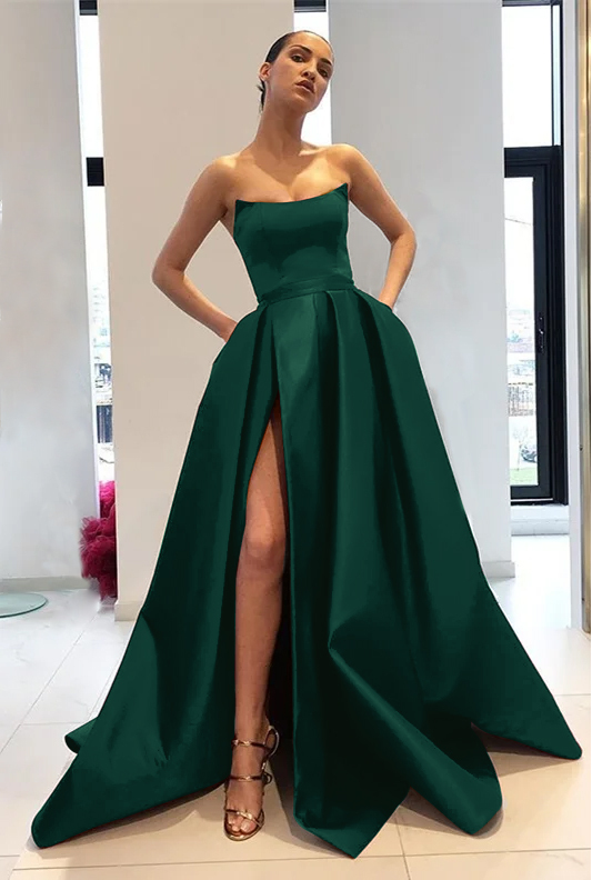 Chic Strapless Burgundy Sleeveless A Line Long Prom Dress With Front Split