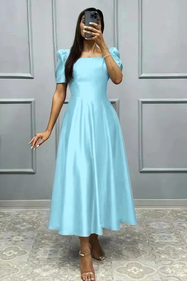 Elegant Square A Line High Waist Pleated Prom Dress With Short Sleeves