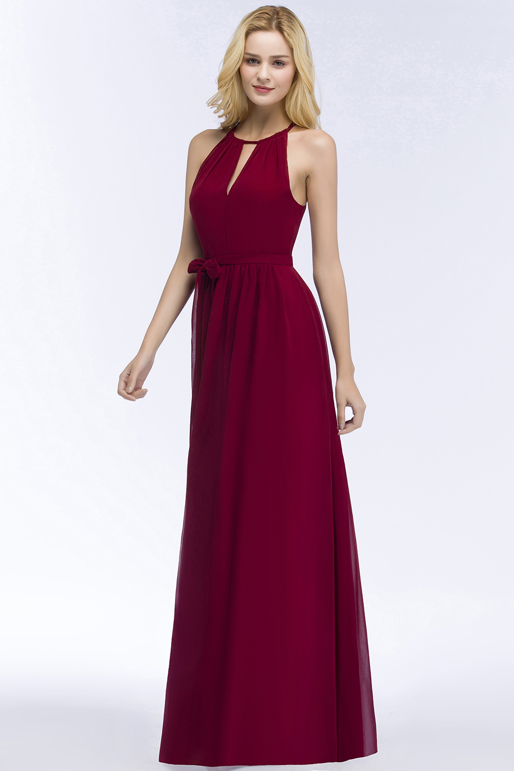 BMbridal Gorgeous Chiffon Halter Deep V-Neck Burgundy Bridesmaid Dresses Affordable-BMbridal