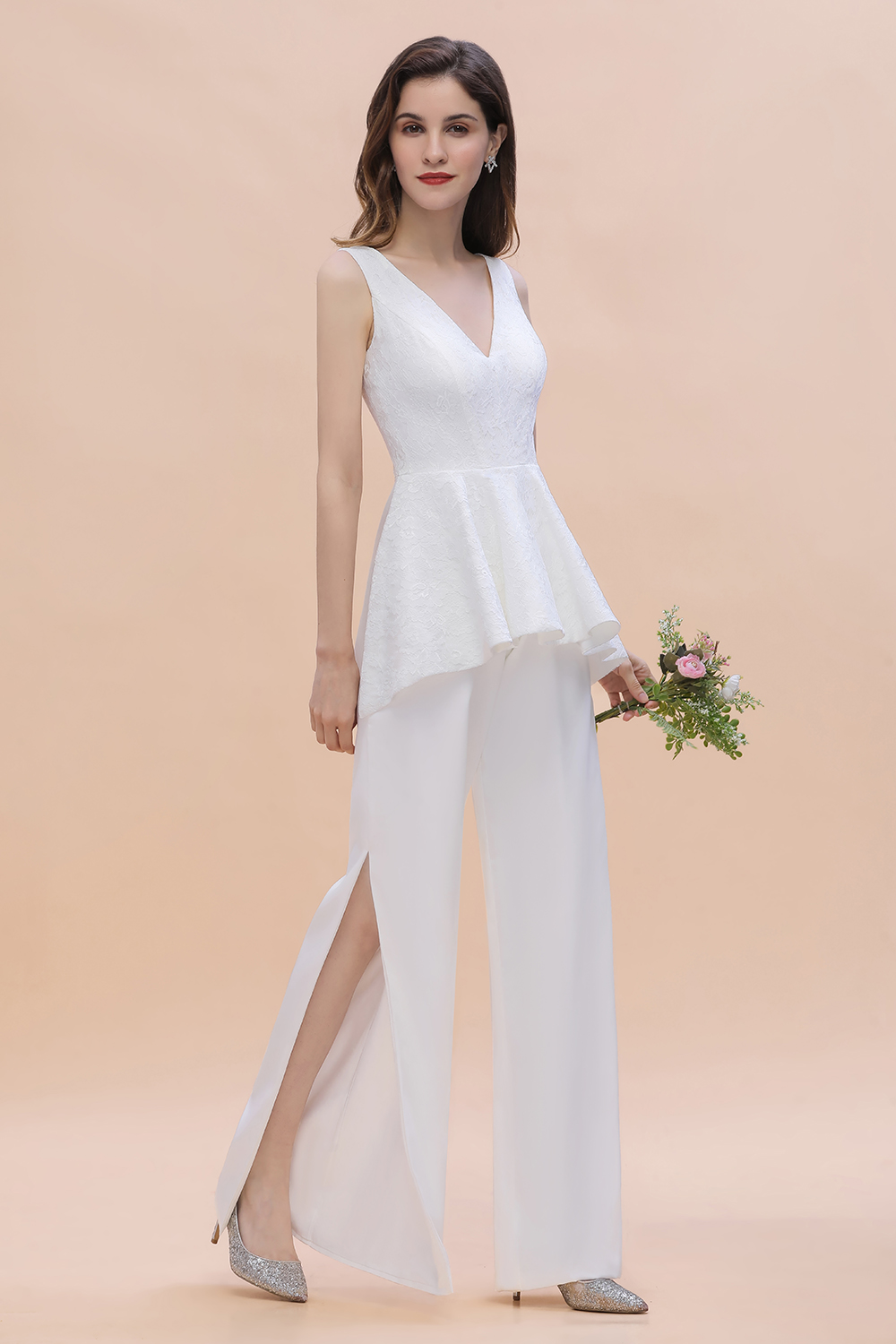 BMbridal Fashion V-Neck Lace Side Slit Bridesmaid Jumpsuits with Hollowout On Sale-BMbridal