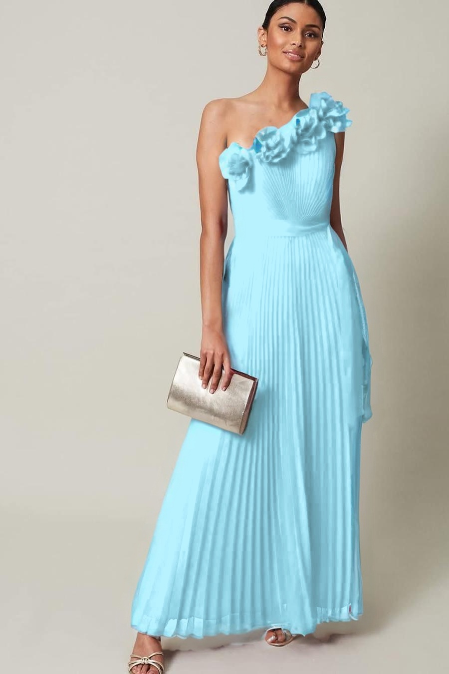 Chiffon One Shoulder Sleeveless Long Prom Dress With Pleated