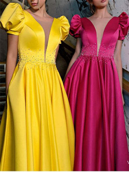 V-Neck A-Line Princess Prom Gown in Floor-Length