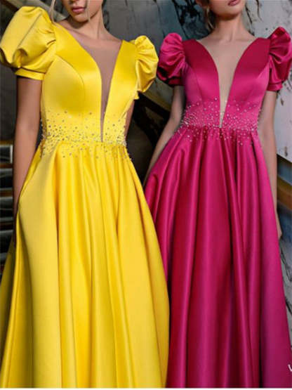 V-Neck A-Line Princess Prom Gown in Floor-Length