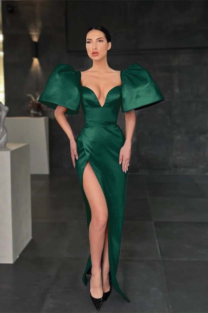 Charming Mermaid Royal Blue V Neck Pleated Long Prom Dress With High Split