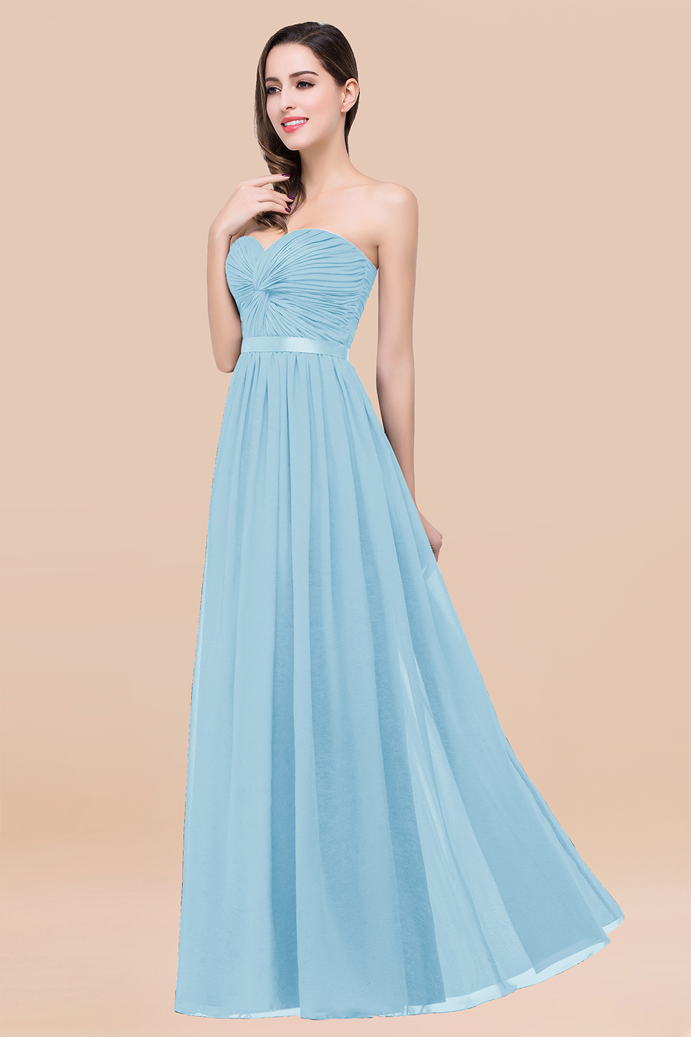 BMbridal Affordable Sweetheart Ruffle Navy Chiffon Bridesmaid Dress With Ribbon-BMbridal