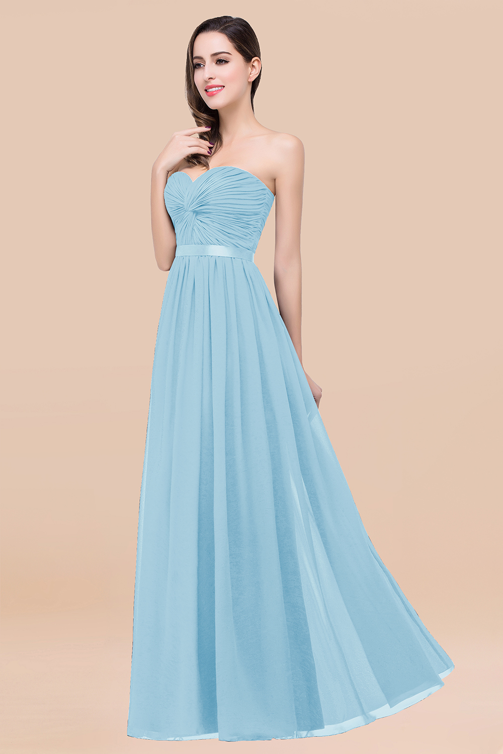 BMbridal Affordable Sweetheart Ruffle Navy Chiffon Bridesmaid Dress With Ribbon-BMbridal