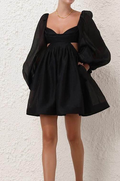 Black Long Sleeves Backless A Line Short Prom Dress With Pockets
