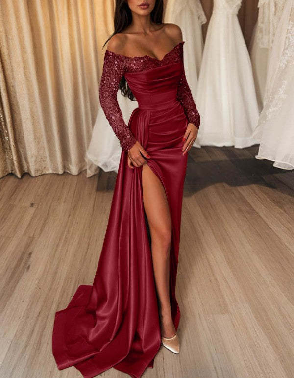 Off-the-Shoulder Floor-Length Prom Dress with Side Split and Sequins