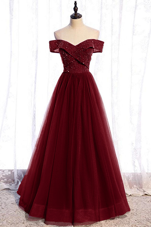 Purple Sequins Sleeveless A Line Long Prom Dress With Off the Shoulder