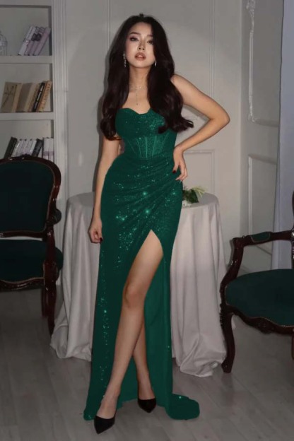 Sequin Strapless Sleeveless Long High Split Prom Dress With Pleated