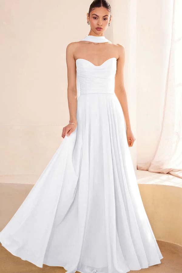 Chiffon Strapless Sleeveless Long A Line Prom Dress With Pleated