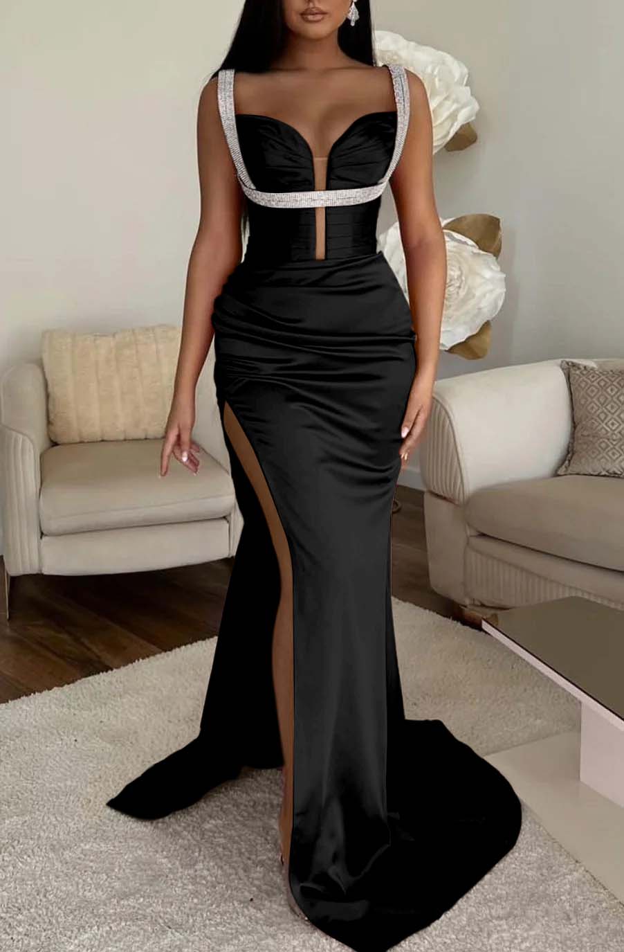 Mermaid Prom Dress Spaghetti Strap Fuchsia With High Split Sleeveless