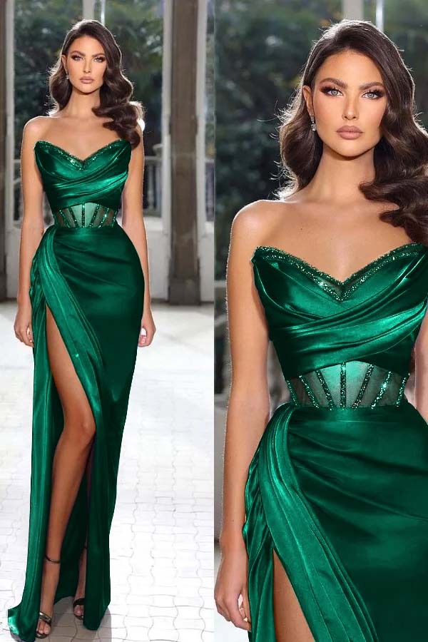 Strapless Sleeveless Long Mermaid Prom Dress With Split Pleated
