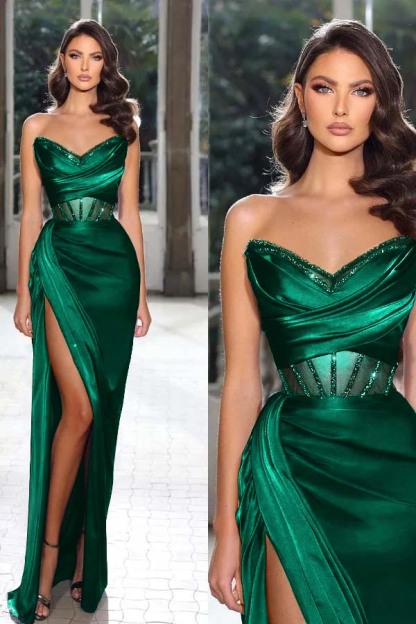 Strapless Sleeveless Long Mermaid Prom Dress With Split Pleated