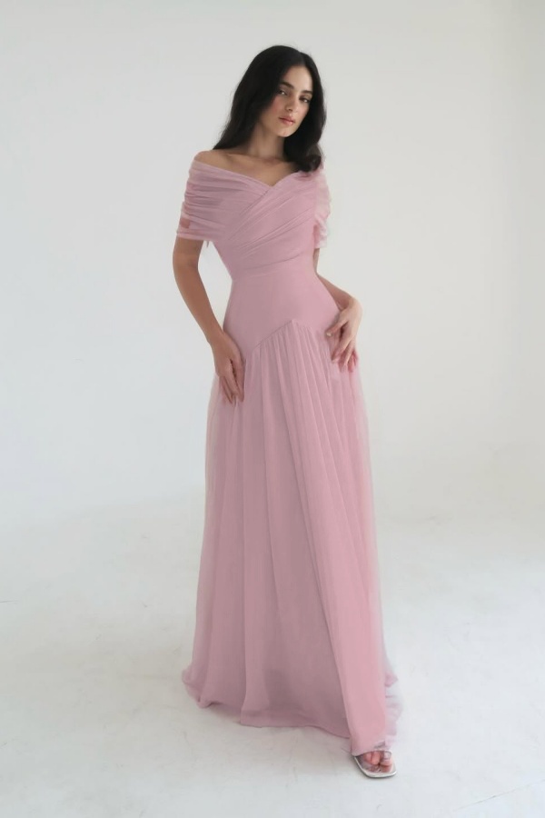 Chiffon Off the Shoulder Sleeveless Long Prom Dress With Pleated