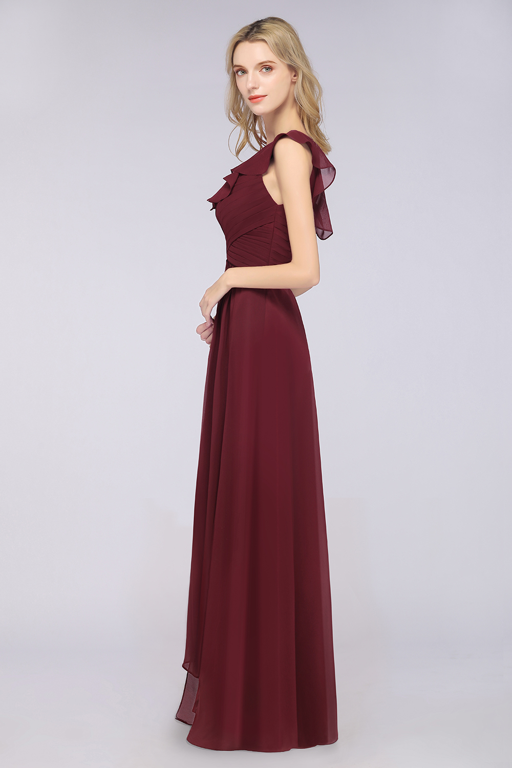 BMbridal Gorgeous Sweetheart Ruffle Burgundy Chiffon Bridesmaid Dress With One-shoulder-BMbridal