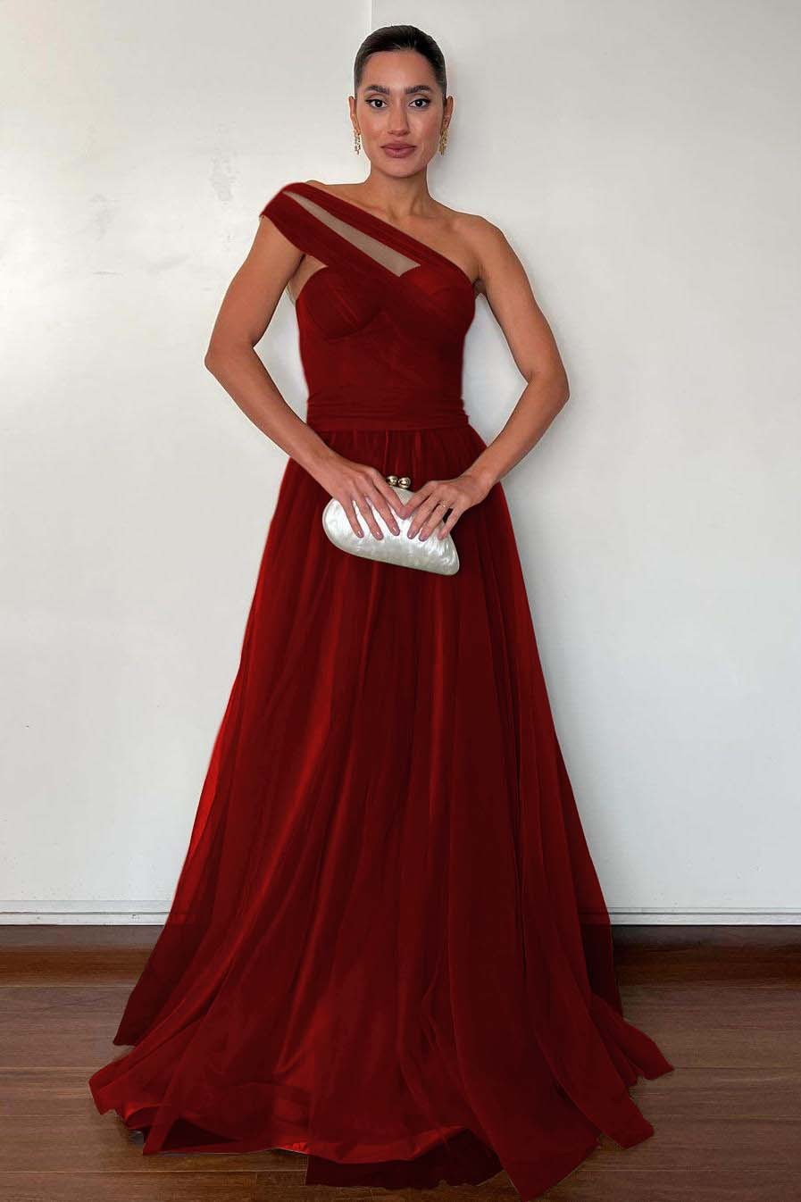 One Shoulder Sweetheart Sleeveless Long Prom Dress With Pleated