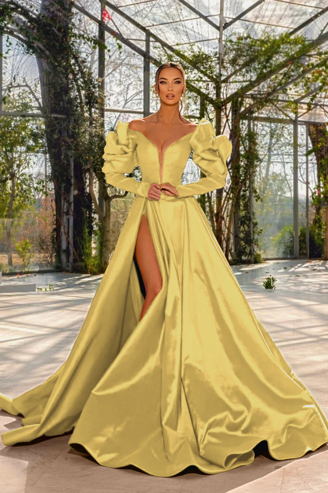 Sexy Prom Dress Red V Neck Bubble Long Sleeves With High Split