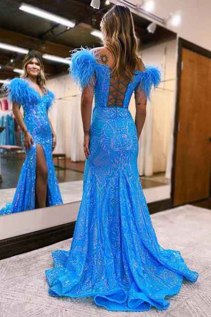 Glitter Royal Blue Mermaid Off the Shoulder Sequins Long Prom Dress with Feather