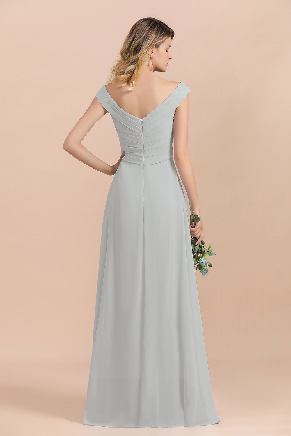 BMbridal Modest Off-the-Shoulder Mist Chiffon Bridesmaid Dresses with Pleats-BMbridal