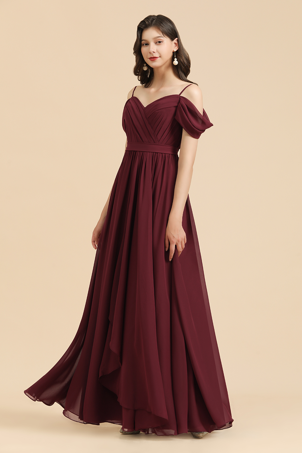 Off-the-Shoulder Sweetheart Burgundy Long Bridesmaid Dress With Slit-BMbridal