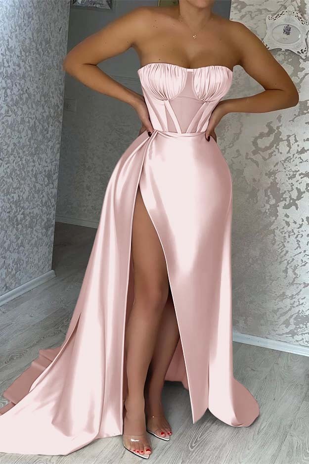 Sexy Pink Strapless Sleeveless Mermaid Prom Dress With Split Ruffles
