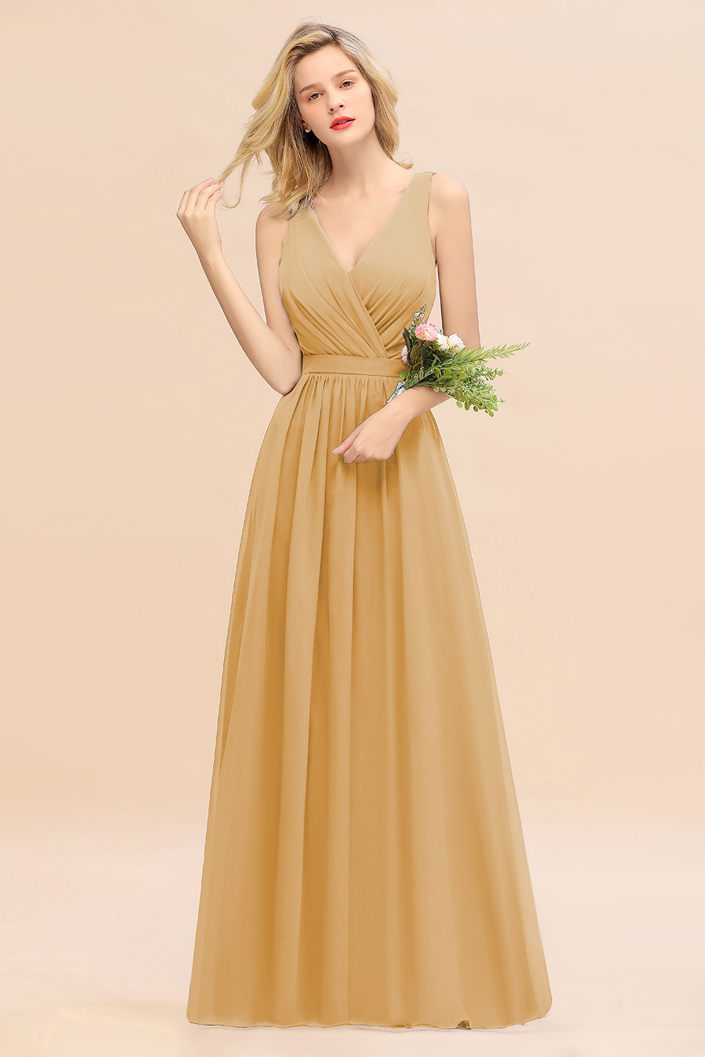 BMbridal Affordable V-Neck Ruffle Long Grape Chiffon Bridesmaid Dress with Bow-BMbridal