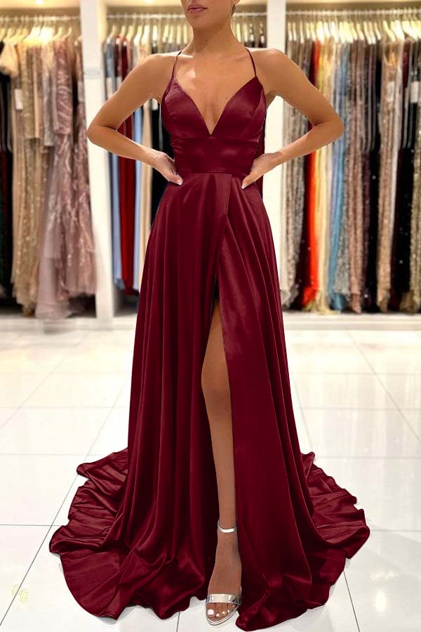 Simple Blue A Line Sleeveless Spaghetti Strap Split Prom Dress With Open Back