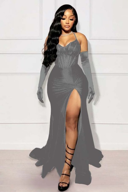 Halter Sleeveless Long Mermaid Prom Dress With Split Gloves