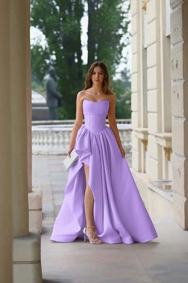 Strapless Sleeveless Side Split Long Prom Dress With Pleated