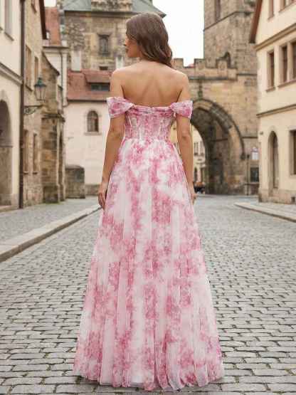 Pink Floral Off-the-Shoulder Corset A-Line Long Prom Dress