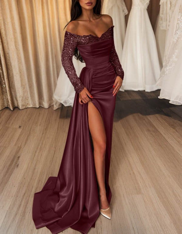 Off-the-Shoulder Floor-Length Prom Dress with Side Split and Sequins