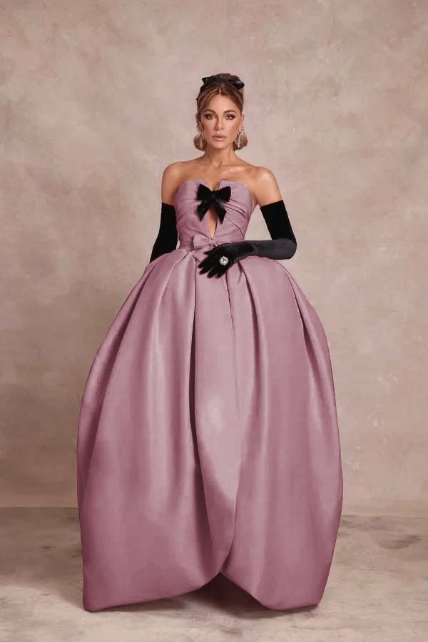 Strapless Sleeveless Long Ball Gown Prom Dress With Long Gloves