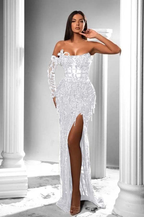 Strapless Long Sleeve High Split Long Prom Dress With Appliques