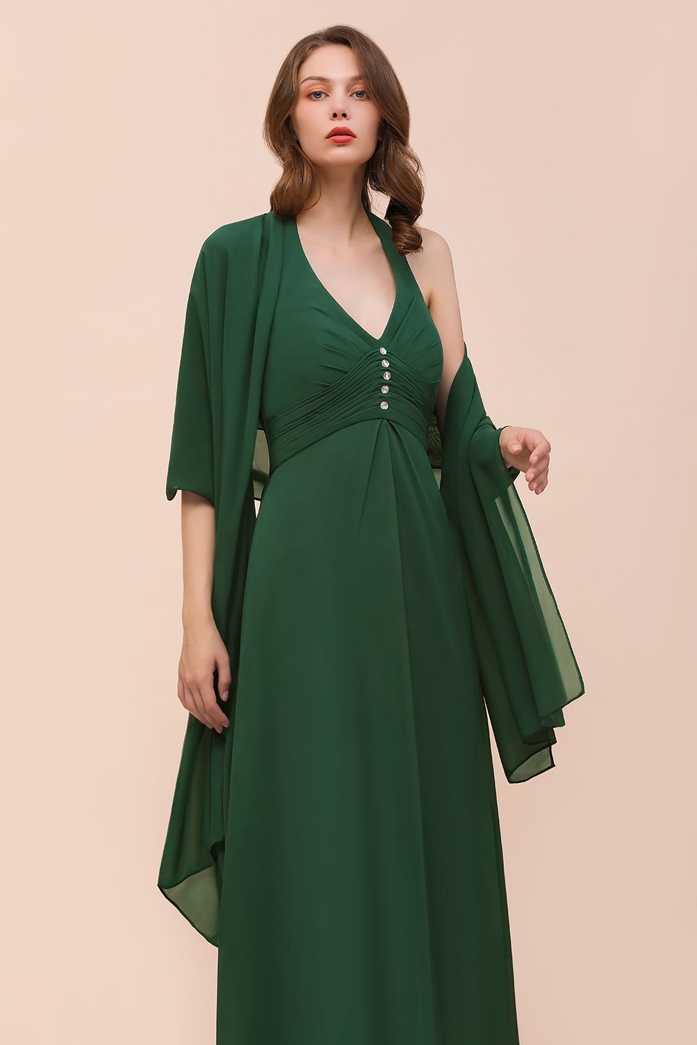 BMbridal Affordable Halter Beading Ruffle Dark Green Bridesmaid Dress With Shawl-BMbridal