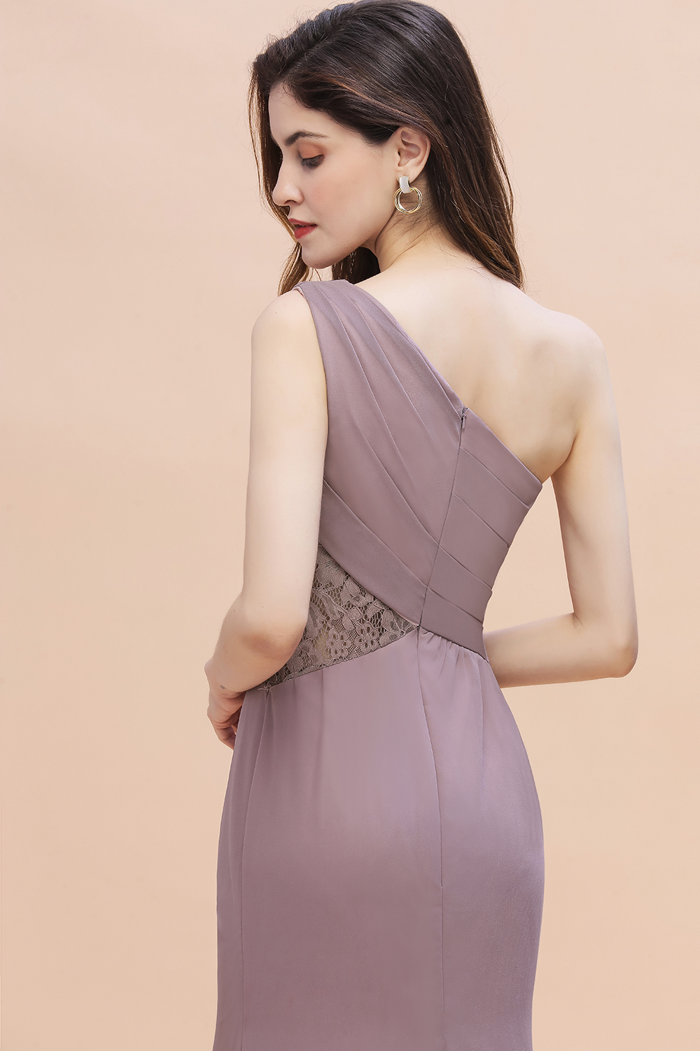 BMbridal Chic One-Shoulder Dusk Chiffon Lace Ruffle Bridesmaid Dress with Front Slit On Sale-BMbridal
