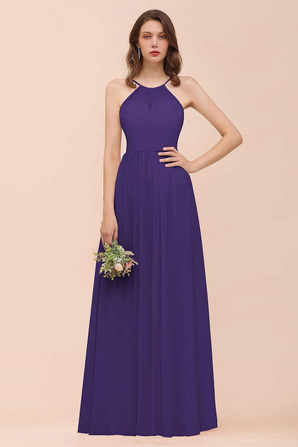 BMbridal Gorgeous Chiffon Halter Ruffle Affordable Long Bridesmaid Dress-BMbridal