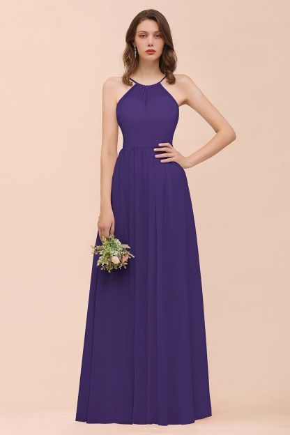 BMbridal Gorgeous Chiffon Halter Ruffle Affordable Long Bridesmaid Dress-BMbridal