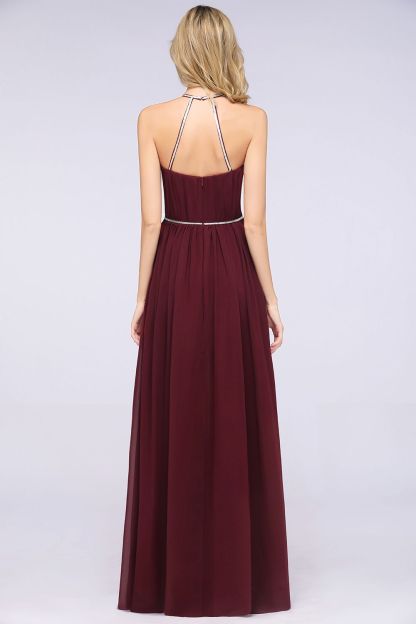 BMbridal Chic Burgundy Halter Long Backless Bridesmaid Dress with Beadings-BMbridal