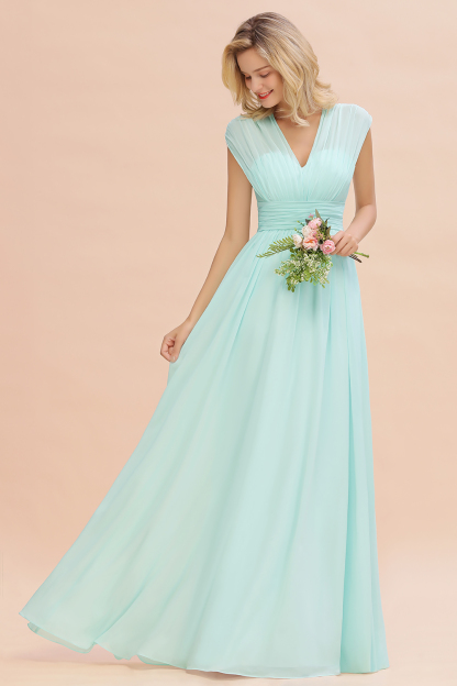 BMbridal Elegant Chiffon V-Neck Ruffle Long Bridesmaid Dresses Affordable-BMbridal