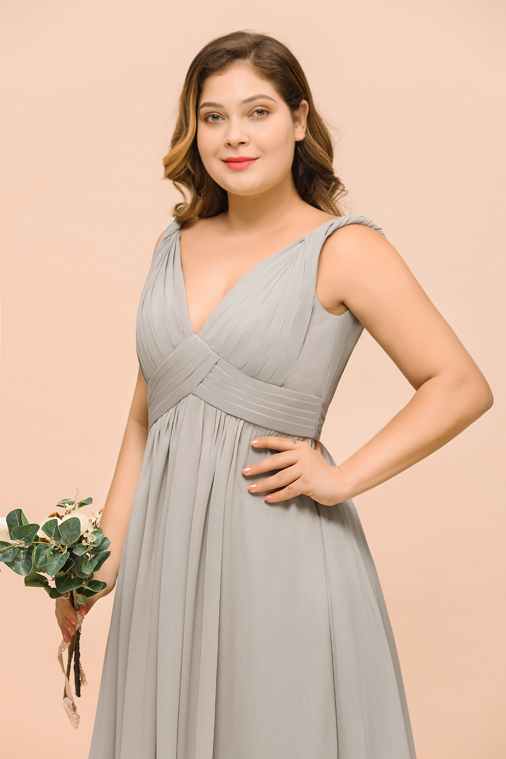 BMbridal Plus Size Chiffon V-neck Sleeveless Affordable Bridesmaid Dress with Ruffle-BMbridal