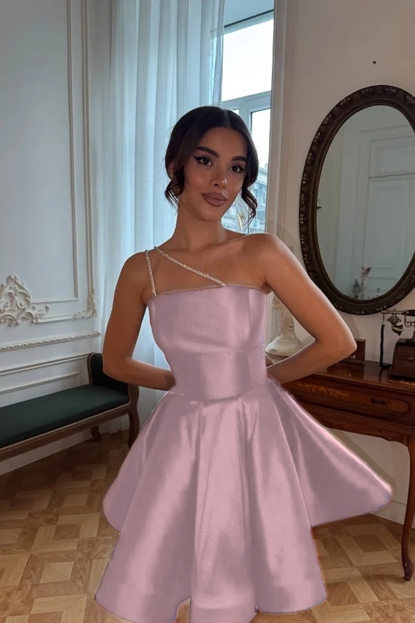 One Shoulder Sleeveless Short A Line Prom Dress With Pleated