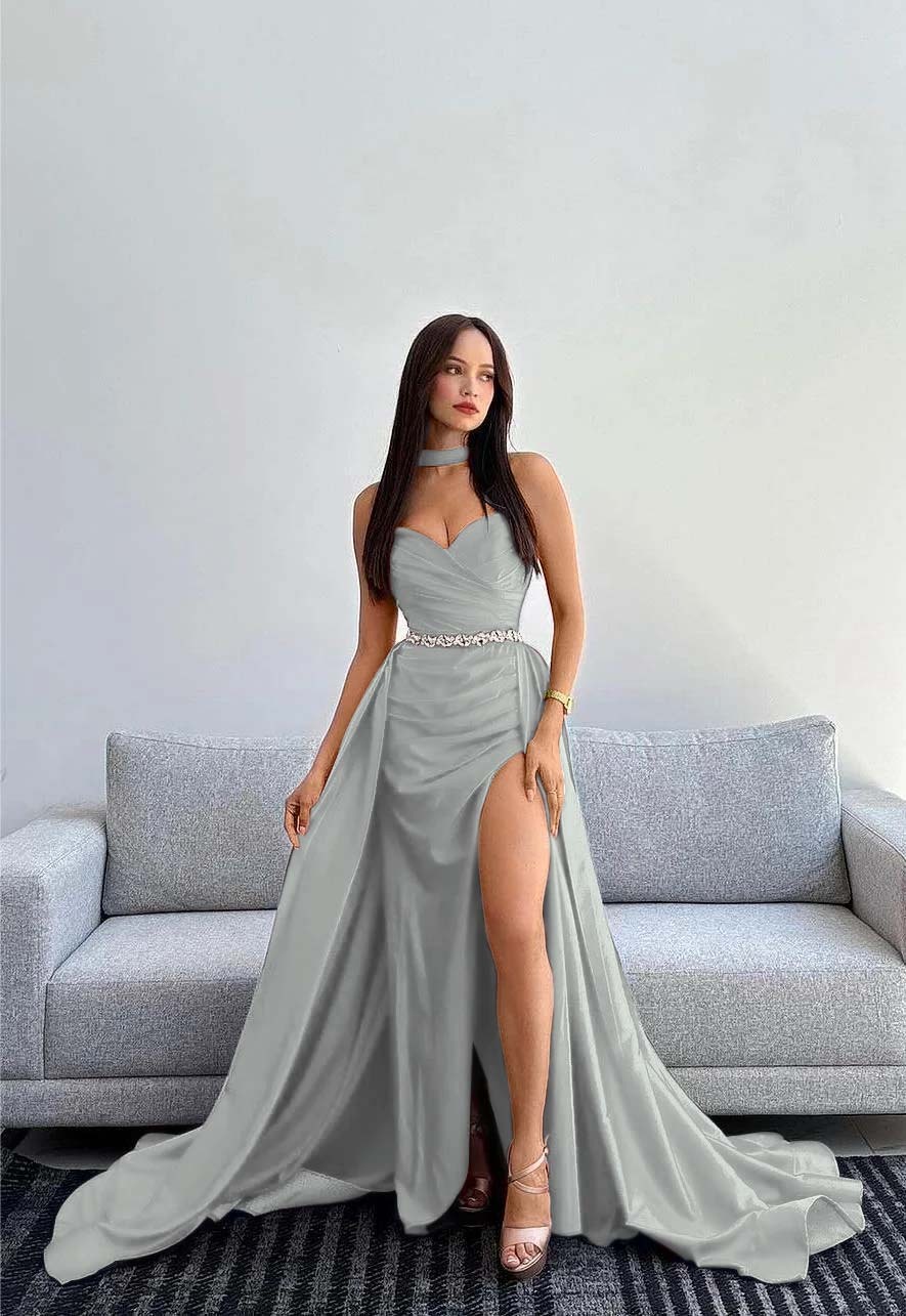 Black Halter Strapless Sweetheart  Sleeveless Mermaid Split Prom Dress With Gloves