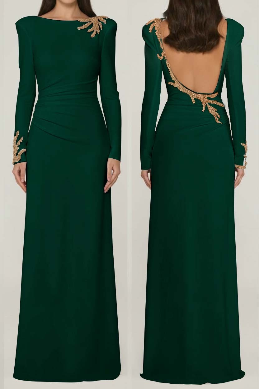 Long Sleeves Long Backless Prom Dress With Appliques Pleated